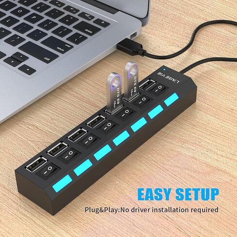 1 PCS 7 Port USB 2.0 Hub Multi Charger Adapter, High Speed USB Extender with Individual On Off Switches, Compact USB Splitter for Laptop and PC in Kuwait