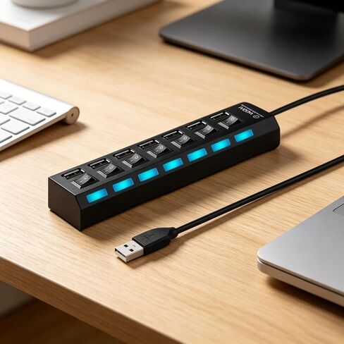1 PCS 7 Port USB 2.0 Hub Multi Charger Adapter, High Speed USB Extender with Individual On Off Switches, Compact USB Splitter for Laptop and PC in Kuwait