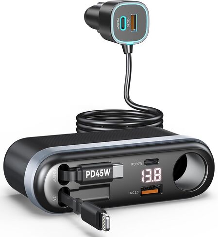 Estbuc 7-in-1 295W Retractable Car Charger Adapter, Fast Charging USB C Car Accessories with Cigarette Lighter Splitter, 45W Type-C & 30W Lightning Cables,4 USB Ports, Road Trip Tech Gifts for Men/Dad in Kuwait