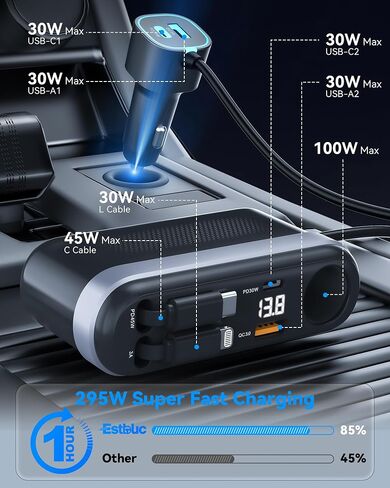 Estbuc 7-in-1 295W Retractable Car Charger Adapter, Fast Charging USB C Car Accessories with Cigarette Lighter Splitter, 45W Type-C & 30W Lightning Cables,4 USB Ports, Road Trip Tech Gifts for Men/Dad in Kuwait
