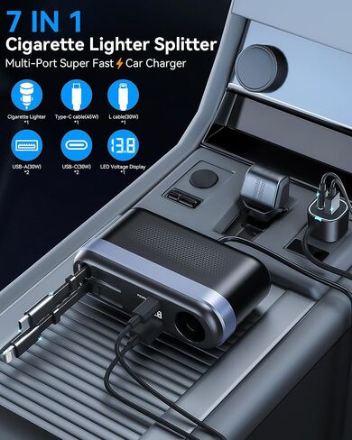 Estbuc 7-in-1 295W Retractable Car Charger Adapter, Fast Charging USB C Car Accessories with Cigarette Lighter Splitter, 45W Type-C & 30W Lightning Cables,4 USB Ports, Road Trip Tech Gifts for Men/Dad in Kuwait