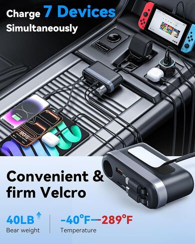 Estbuc 7-in-1 295W Retractable Car Charger Adapter, Fast Charging USB C Car Accessories with Cigarette Lighter Splitter, 45W Type-C & 30W Lightning Cables,4 USB Ports, Road Trip Tech Gifts for Men/Dad in Kuwait
