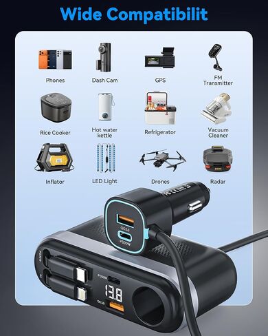 Estbuc 7-in-1 295W Retractable Car Charger Adapter, Fast Charging USB C Car Accessories with Cigarette Lighter Splitter, 45W Type-C & 30W Lightning Cables,4 USB Ports, Road Trip Tech Gifts for Men/Dad in Kuwait