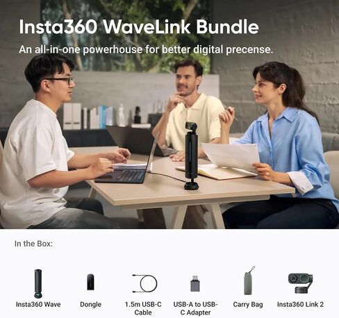 Insta360 WaveLink Bundle- Professional Speakerphone with AI Recording Suite,Voice Recorder, 8 Noise-Canceling Mics w/Beamforming, AI Transcript, 99 Languages, 32GB, Meetings(Wave+Link 2) in Kuwait