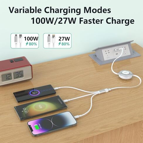 USB C Retractable Multi 5-in-1 USB A/Type C to Lightning/USB C/Micro iPhone Charger Cable,100W Multiple Apple Charging Cord iPhone 15 14 13 12 Pro Max Xs Xr X 8 7Plus SE/Samsung/iPad Pro-White in Kuwait