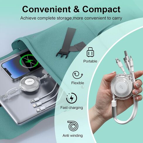 USB C Retractable Multi 5-in-1 USB A/Type C to Lightning/USB C/Micro iPhone Charger Cable,100W Multiple Apple Charging Cord iPhone 15 14 13 12 Pro Max Xs Xr X 8 7Plus SE/Samsung/iPad Pro-White in Kuwait