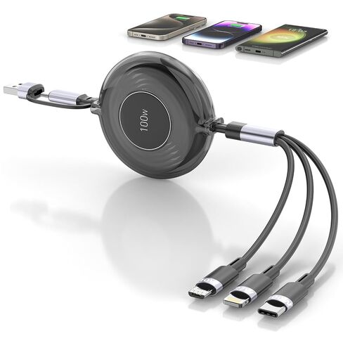 4FT Multi Charging Cable 100W Retractable USB C Multiple Charging Cable iPhone Fast Charging Cord 3-in-1 Multi Charger Adapter for iPhone 14 15 13 ipad,Pixel,Samsung Universal Cable Travel Essentials in Kuwait