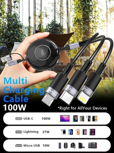 4FT Multi Charging Cable 100W Retractable USB C Multiple Charging Cable iPhone Fast Charging Cord 3-in-1 Multi Charger Adapter for iPhone 14 15 13 ipad,Pixel,Samsung Universal Cable Travel Essentials in Kuwait