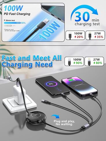 4FT Multi Charging Cable 100W Retractable USB C Multiple Charging Cable iPhone Fast Charging Cord 3-in-1 Multi Charger Adapter for iPhone 14 15 13 ipad,Pixel,Samsung Universal Cable Travel Essentials in Kuwait