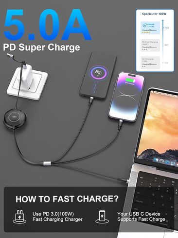 4FT Multi Charging Cable 100W Retractable USB C Multiple Charging Cable iPhone Fast Charging Cord 3-in-1 Multi Charger Adapter for iPhone 14 15 13 ipad,Pixel,Samsung Universal Cable Travel Essentials in Kuwait