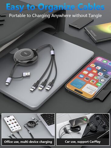 4FT Multi Charging Cable 100W Retractable USB C Multiple Charging Cable iPhone Fast Charging Cord 3-in-1 Multi Charger Adapter for iPhone 14 15 13 ipad,Pixel,Samsung Universal Cable Travel Essentials in Kuwait