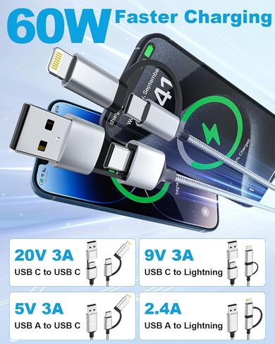 6 FT USB C and Lightning Cable 2 in 1 Cable, 60W iPhone Charger Cord Braided USB-C Fast Charging Cable for iPhone 17/16/15/14 Pro/Pro Max, MacBook, iPad (Grey, 6FT) in Kuwait