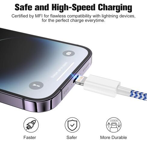 iPhone Charger 3 Pack Lightning Cable 3FT [Apple MFi Certified] Nylon Braided Cable Fast Charger Cord for iPhone 14 13 12 11 Pro Max XR XS X 8 7 and More in Kuwait