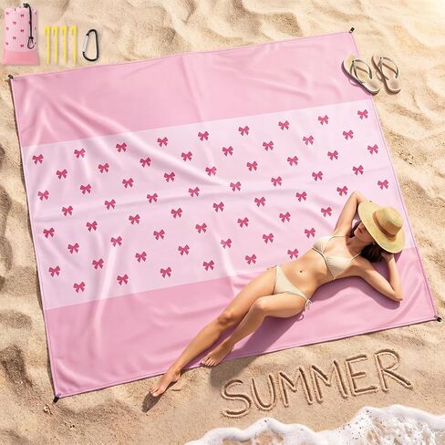 Tingjoo Extra Pink Bow Beach Blanket, 83"x79" Oversized Waterproof Sandproof Quick Drying Outdoor Pink Picnic Blanket Large Sand Free Travel Mat with Stakes for Vacation, Beach, Camping in Kuwait