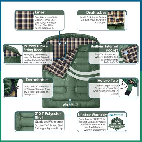 IFORREST Cotton Flannel Double Sleeping Bag for Adults - 10°F 2 Person Extra-Wide & Warm Cold Weather Camping Bed - Queen Size XXL in Kuwait