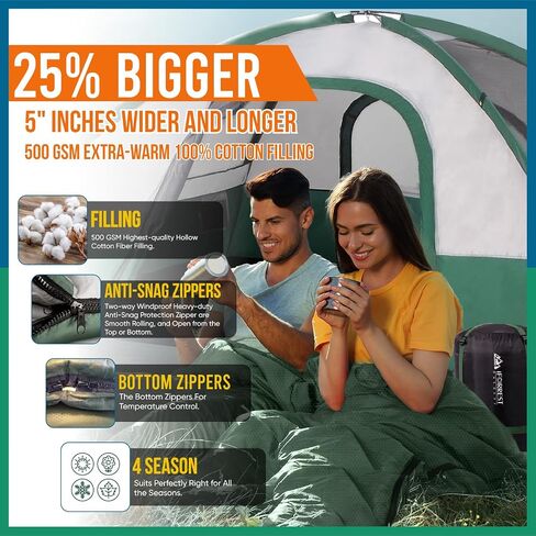 IFORREST Cotton Flannel Double Sleeping Bag for Adults - 10°F 2 Person Extra-Wide & Warm Cold Weather Camping Bed - Queen Size XXL in Kuwait
