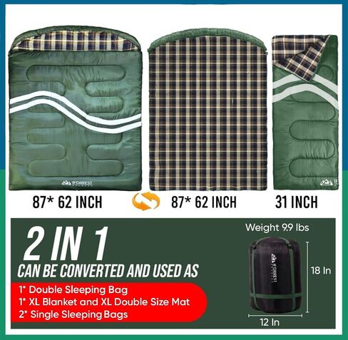 IFORREST Cotton Flannel Double Sleeping Bag for Adults - 10°F 2 Person Extra-Wide & Warm Cold Weather Camping Bed - Queen Size XXL in Kuwait