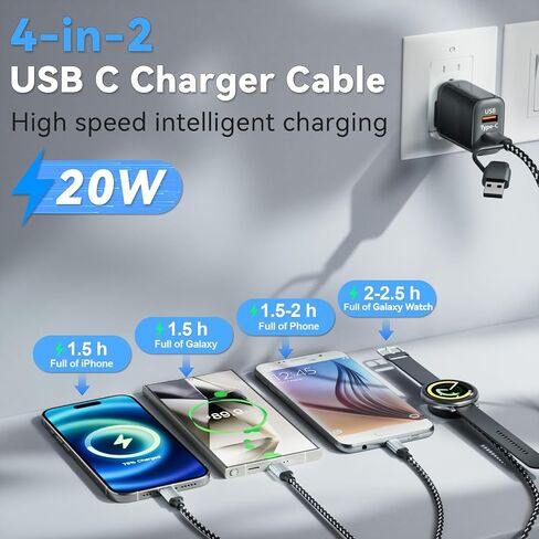 USB C Charger Cable for Samsung Watch, 20W Fast Charger with USB-A/C Port, 4 in 2 Nylon Braided Charging 4FT/1.2M Multi Cable Compatible with Galaxy Watch 8/7/Ultra/6/5/4 S25/S24/S23/S22 in Kuwait