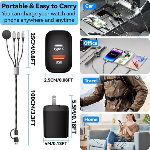 USB C Charger Cable for Samsung Watch, 20W Fast Charger with USB-A/C Port, 4 in 2 Nylon Braided Charging 4FT/1.2M Multi Cable Compatible with Galaxy Watch 8/7/Ultra/6/5/4 S25/S24/S23/S22 in Kuwait