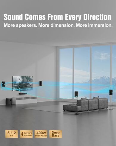 Wooden 5.1.2 Sound Bar for Smart TV, 4 Wired Surround Speakers, Virtual Surround Sound, Soundbar with 5.25'' Subwoofer, Home Theater Sound System for Small Room, with ARC/Opt/BT/AUX, HiPulse N512 in Kuwait