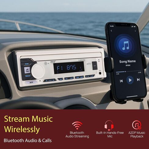 جهاز استقبال DIN فردي لراديو Pyle Marine - بث لاسلكي عبر البلوتوث، موالف AM/FM، تشغيل USB/AUX MP3، مكالمات بدون استخدام اليدين، جهاز تحكم عن بعد، أزرار RGB، ترقية ستيريو مقاومة للرذاذ in Kuwait