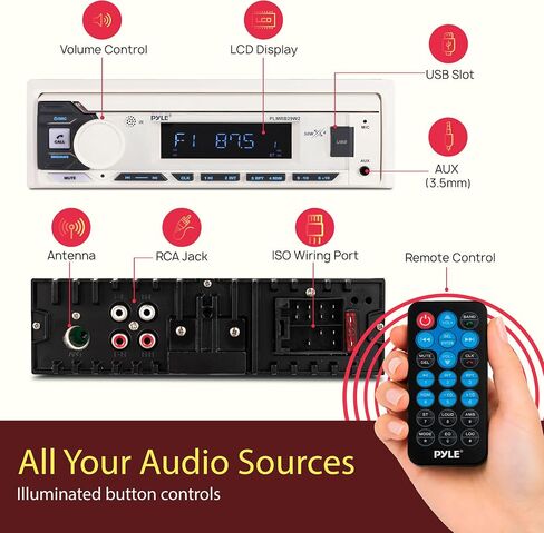 جهاز استقبال DIN فردي لراديو Pyle Marine - بث لاسلكي عبر البلوتوث، موالف AM/FM، تشغيل USB/AUX MP3، مكالمات بدون استخدام اليدين، جهاز تحكم عن بعد، أزرار RGB، ترقية ستيريو مقاومة للرذاذ in Kuwait