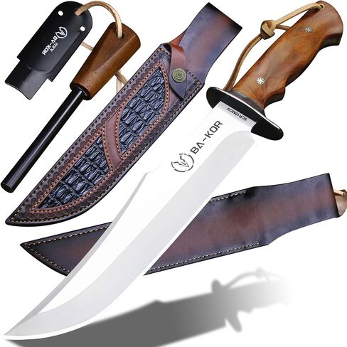 BA-KOR (Giant DogII) 6mm 9CR18MOV steel survival hunting knife (16.4 inches), rosewood handle Bowie knife + sheath & (5.9IN) cerium igniter, suitable for outdoor hunting, camping, survival, EDC tool knives in Kuwait