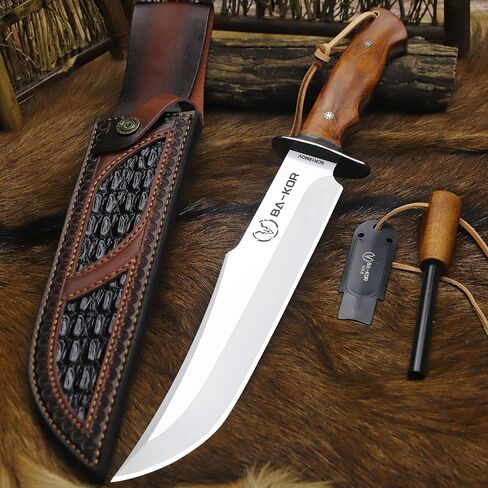 BA-KOR (Giant DogII) 6mm 9CR18MOV steel survival hunting knife (16.4 inches), rosewood handle Bowie knife + sheath & (5.9IN) cerium igniter, suitable for outdoor hunting, camping, survival, EDC tool knives in Kuwait
