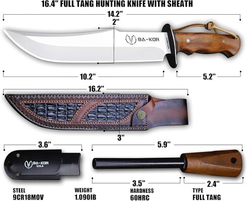 BA-KOR (Giant DogII) 6mm 9CR18MOV steel survival hunting knife (16.4 inches), rosewood handle Bowie knife + sheath & (5.9IN) cerium igniter, suitable for outdoor hunting, camping, survival, EDC tool knives in Kuwait