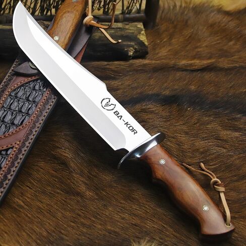 BA-KOR (Giant DogII) 6mm 9CR18MOV steel survival hunting knife (16.4 inches), rosewood handle Bowie knife + sheath & (5.9IN) cerium igniter, suitable for outdoor hunting, camping, survival, EDC tool knives in Kuwait