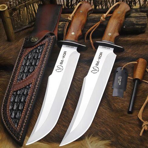 BA-KOR (Giant DogII) 6mm 9CR18MOV steel survival hunting knife (16.4 inches), rosewood handle Bowie knife + sheath & (5.9IN) cerium igniter, suitable for outdoor hunting, camping, survival, EDC tool knives in Kuwait