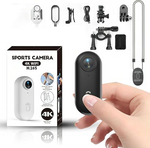 Winnes 4K Mini Body Camera, Action Body Cam Thumb Sports Camera Hands Free Waterproof 30M POV Video Recording Wearable with Necklace,Magnetic Clip,Helmet Cam for Cycling,Ski,Motorcycle,Pets-Black in Kuwait