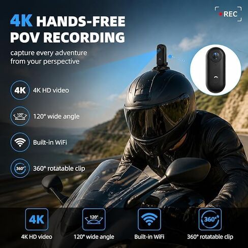 Winnes 4K Mini Body Camera, Action Body Cam Thumb Sports Camera Hands Free Waterproof 30M POV Video Recording Wearable with Necklace,Magnetic Clip,Helmet Cam for Cycling,Ski,Motorcycle,Pets-Black in Kuwait