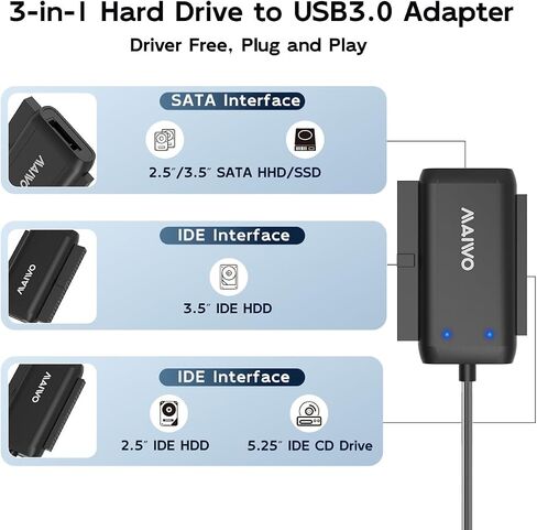MAIWO SATA IDE to USB 3.0 Adapter Cable, Hard Drive Reader Converter for 2.5/3.5 Inch IDE HDD, 2.5/3.5 Inch SATA HDD/SSD, 5.25 Inch DVD/CD Drive, 12V 2A Power Adapter in Kuwait