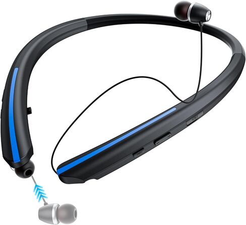 Neckband Retractable Bluetooth Headphones - Wireless Neck Earbuds with Retractable Design, 22 Hours Playtime, IPX5 Sweatproof, Dual Device Connection, Noise Cancelling for Work & Sports，Black Blue in Kuwait