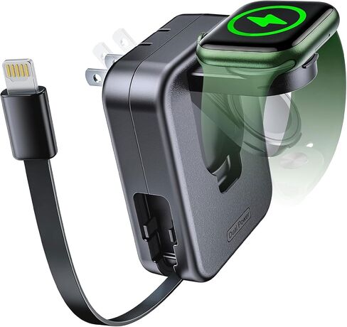 for Apple Watch Charger Block, 2 in 1 Wall Charger with Built-in Retractable Charging Cable, Travel Foldable Plug Power Adapter Compatible with iPhone iWatch (Black) in Kuwait