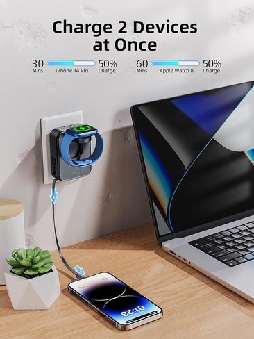 for Apple Watch Charger Block, 2 in 1 Wall Charger with Built-in Retractable Charging Cable, Travel Foldable Plug Power Adapter Compatible with iPhone iWatch (Black) in Kuwait