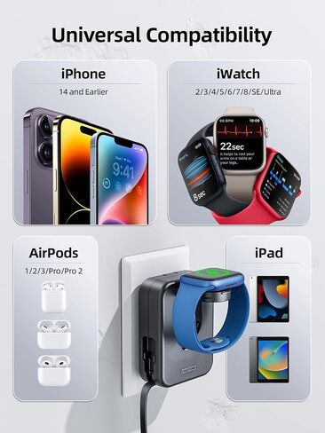 for Apple Watch Charger Block, 2 in 1 Wall Charger with Built-in Retractable Charging Cable, Travel Foldable Plug Power Adapter Compatible with iPhone iWatch (Black) in Kuwait
