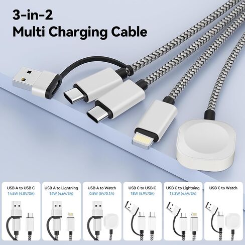 aceyoon 3in2 Multi Charging Cable 6-Charging Ways 0.75FT USB C/A to Magnetic Smartwatch Charger Data Cord 18W Travel Essentials for iPhone/AirPods/Samsung/Apple Watch in Kuwait