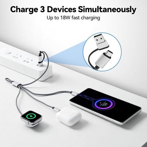 aceyoon 3in2 Multi Charging Cable 6-Charging Ways 0.75FT USB C/A to Magnetic Smartwatch Charger Data Cord 18W Travel Essentials for iPhone/AirPods/Samsung/Apple Watch in Kuwait