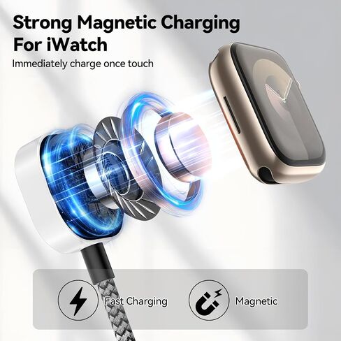 aceyoon 3in2 Multi Charging Cable 6-Charging Ways 0.75FT USB C/A to Magnetic Smartwatch Charger Data Cord 18W Travel Essentials for iPhone/AirPods/Samsung/Apple Watch in Kuwait