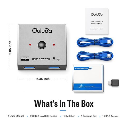 5Gbps USB3.0 Two Way Port Switch, 1in2/2in1 Output PC Sharing Adapter, Driver Free, Include 2Pcs 3.9FT A-A Cord & 1 Type-C Converter Adapter in Kuwait