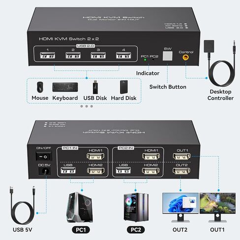 HDMI KVM Switch 2 Monitors 2 Computers 4K@30Hz for 2 Computers Share Dual Monitors and Keyboard Mouse Printer U Disk Support Extended/Copy Mode with 2 USB Cables and Controller in Kuwait