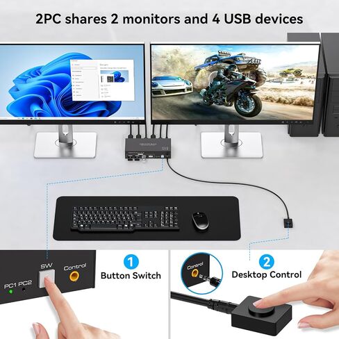 HDMI KVM Switch 2 Monitors 2 Computers 4K@30Hz for 2 Computers Share Dual Monitors and Keyboard Mouse Printer U Disk Support Extended/Copy Mode with 2 USB Cables and Controller in Kuwait