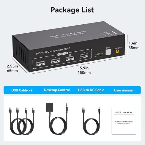 HDMI KVM Switch 2 Monitors 2 Computers 4K@30Hz for 2 Computers Share Dual Monitors and Keyboard Mouse Printer U Disk Support Extended/Copy Mode with 2 USB Cables and Controller in Kuwait