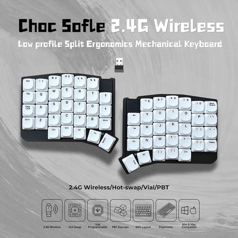 2.4G Wireless Choc Sofle Split Low Profle Ultrathin Mechanical Keyboard, Hot-Swappable, Compact 60% Layout,Ergonomic Design,Kaih Low profle Switch,PBT Keycaps (Black-W) in Kuwait