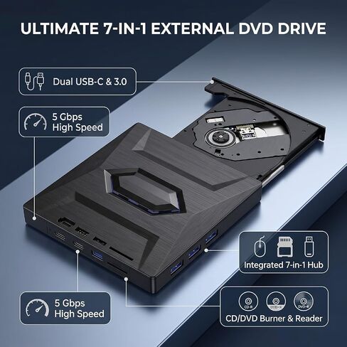 Tangxi 7 in 1 External DVD Drive, Portable CD DVD Burner CD ROM External Drive for Laptop, USB 3.0 & Type C, SD TF Port in Kuwait