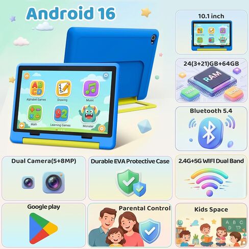 Gleeso Kids Tablet 10 Inch, Android 16 Tablet for Kids, 24GB RAM 64GB ROM 1TB Expand, 6000mAh Battery, Tablet for Toddler Children with case, Parental Control & UKIDOZ, BT5.4, Dual Camera, Gift-Blue in Saudi Arabia