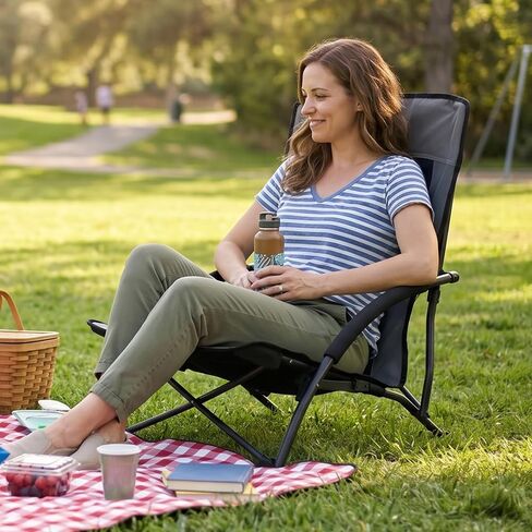 EVER ADVANCED Low Profile Beach Chair for Adults, Lightweight Portable Camping Chair with Cup Holder & Carry Bag, 350lbs Capacity for Sand, Lawn, Travel, Picnic, Festival and Concert in Kuwait