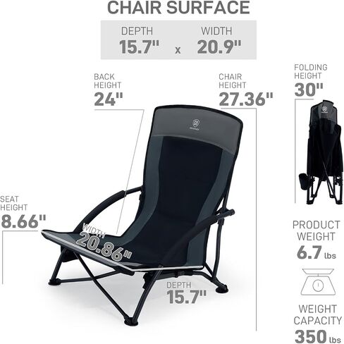 EVER ADVANCED Low Profile Beach Chair for Adults, Lightweight Portable Camping Chair with Cup Holder & Carry Bag, 350lbs Capacity for Sand, Lawn, Travel, Picnic, Festival and Concert in Kuwait